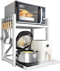Adjustable 2-Tier Microwave Stand with Pull-Out Tray, Metal Kitchen Organizer Rack, Space-Saving Storage for Rice Cooker & Kitchen Essentials, 6 Hooks Included