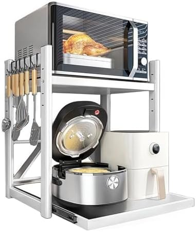 Adjustable 2-Tier Microwave Stand with Pull-Out Tray, Metal Kitchen Organizer Rack, Space-Saving Storage for Rice Cooker & Kitchen Essentials, 6 Hooks Included