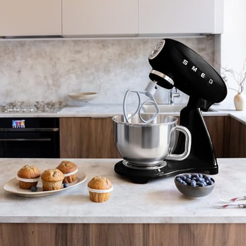SMEG SMF05 Forte 5-Qt Stand Mixer with 750W Motor, Smooth Start & SteadyMix, Flex Edge Beater, 10 Speeds, Stainless Steel Bowl – Retro 50’s Style Planetary Mixer for Dough, Baking & Desserts-Black