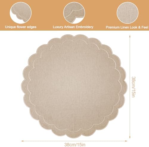 Set of 6 Cotton Linen Placemats, 15 Inch Linen Color Scalloped Flower Embroidery Cloth Table Mats Double Layered Fabric Machine Washable Wrinkle Free Dining Placemat for Hotel Restaurant Kitchen