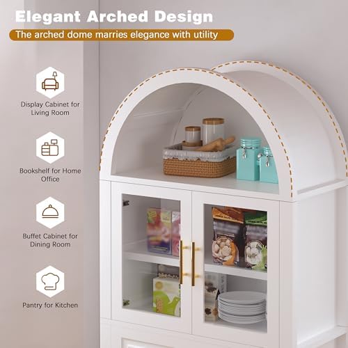 71" Tall Arched Kitchen Pantry Cabinet with Glass Door,Farmhouse Modern Wood Arched Cabinetsw/Adjustable Shelves & Drawer, Accent Cabinet with Barn Door for Kitchen, Living & Dining Room, Bathroom