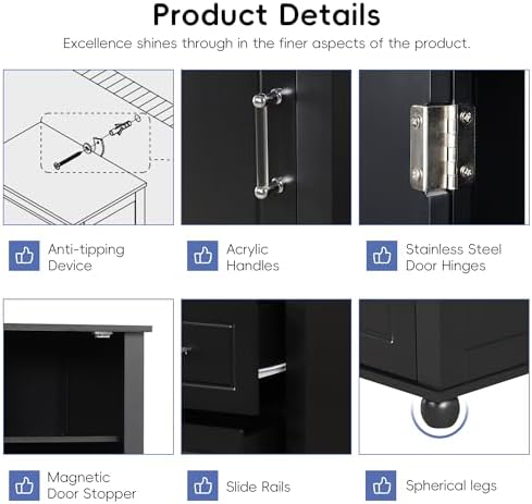 Merax 61.4" Pantry Cabinet with One Door & Two Drawers, Adjustable Shelves Storage Cupboard for Kitchen/Dining Room/Bathroom, Soild Wood Legs, Black