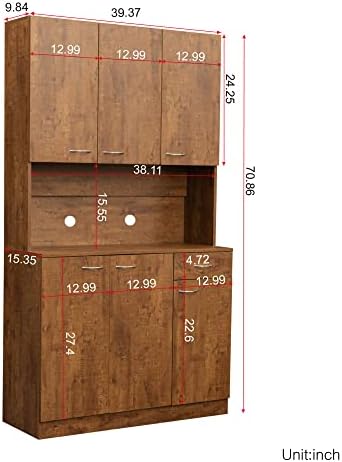 Ball & Cast 71" Pantry Cabinet,Tall Kitchen Pantry Storage Cabinet with Microwave Stand, Modern Kitchen Hutch Cabinet with 6 Doors,1 Drawer & Open Shelves for Living Room,Dining Room,Walnut