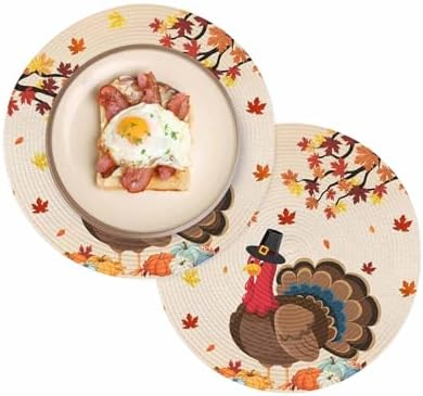Fall Round Placemats Set of 2 Thanksgiving Harvest Pumpkin Turkey Place Mats Washable Woven Placemat Orange Maple Leaves Circle Braided Table Mat for Kitchen Dining Holiday Party Fall Decor 15 Inch