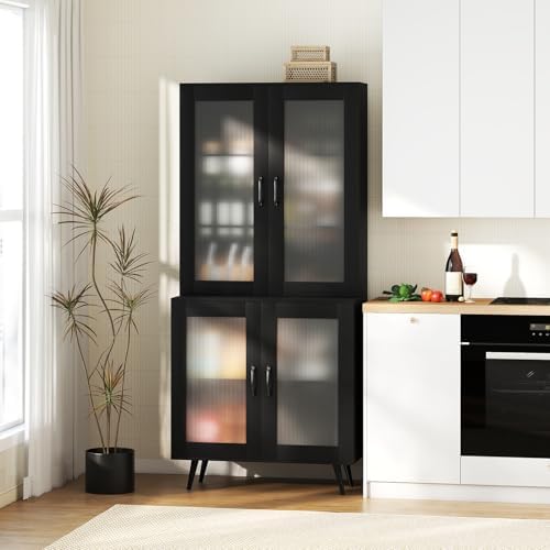 GIANTEX Kitchen Pantry Storage Cabinet, 70.5" Cupboard with 4 Transparent Doors, Adjustable Shelf & Metal Legs, Freestanding Tall Hutch Cabinet for Dining Room, Living Room, Office & Bathroom, Black