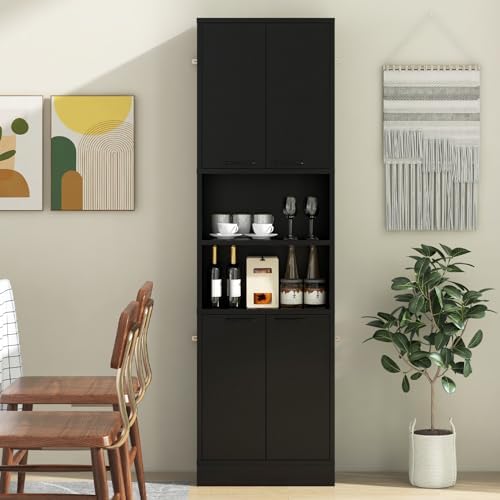 GIANTEX Kitchen Pantry Cabinet, 75” Tall Freestanding Cupboard with Doors & Shelves, Safety Hinges & Anti-Tipping Devices, Storage Sideboard for Dining Room, Living Room (Black)