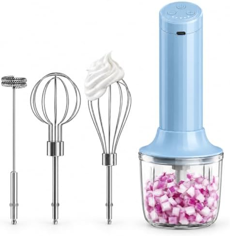 Cordless Hand Mixer, 4-in-1 Handheld Electric Mixer with Electric Whisk Frother & 10 oz Mini Food Chopper, USB-C Rechargeable 4-Speed Hand Mixer for Eggs, Cream, Coffee & Small-Batch Prep