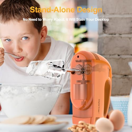 LILPARTNER Electric Hand Mixer with Storage Box, Ultra Power Kitchen Hand Mixer With 7-Speed & 5 Stainless Steel Accessories for Whipping Dough, Cream, Cake, Dishwasher Safe, LIGHT ORANGE BOX