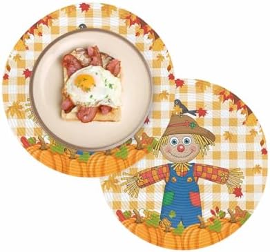 Fall Round Placemats Set of 2 Thanksgiving Scarecrows Crow Pumpkin Place Mats Woven Placemat Maple Leaf Orange Buffalo Plaid Circle Braided Table Mat for Kitchen Holiday Party Fall Decor 15 Inch