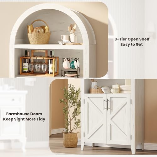 Arched Kitchen Pantry Cabinet with Doors, 5-Tier Open Display Shelf, White