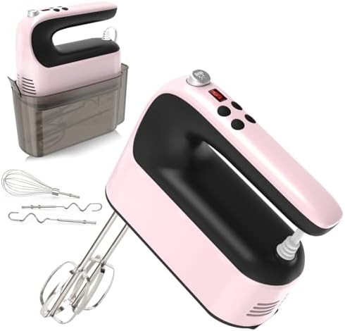Yomelo 9-Speed Digital Hand Mixer Electric, 400W Powerful DC Motor, Hand Mixer Electric Handheld with Snap-On Storage Case, 5 Stainless Steel Accessories, Beaters, Dough Hooks, Whisk(Pink/Black)