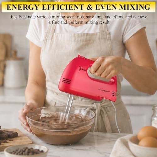 BAIGELONG Hand Mixer. 7-Speed Adjustable Kitchen Electric Mixer. With 5 Stainless Steel Attachments: 2 Hooks, 2 Beaters, 1 Whisk. Comes 1 Storage Box. Perfect for Bakers and New Starters, Red