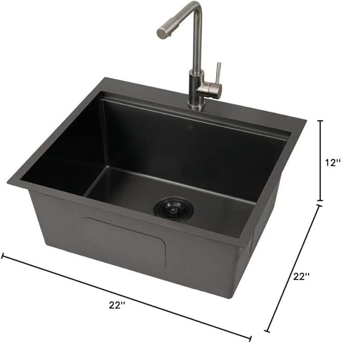 STARSTAR Workstation Ledge Topmount/Drop-in Single Bowl Satin Matte Stainless Steel Kitchen/Yard/Bar/Laundry/Office Sink, With Grid, Colander, Cutting Board, Strainer (22x22x12 Black)