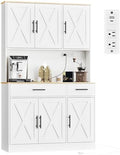 Shintenchi Pantry Cabinet with Charging Station, 70” Tall Kitchen Storage Cabinet with Microwave Stand, Storage Drawers & Adjustable Shelves, Large Capacity Kitchen Hutch for Dining Room, White