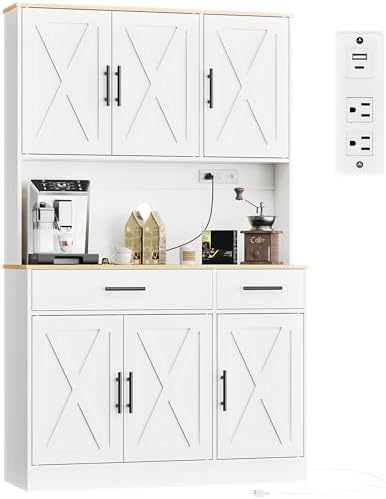 Shintenchi Pantry Cabinet with Charging Station, 70” Tall Kitchen Storage Cabinet with Microwave Stand, Storage Drawers & Adjustable Shelves, Large Capacity Kitchen Hutch for Dining Room, White