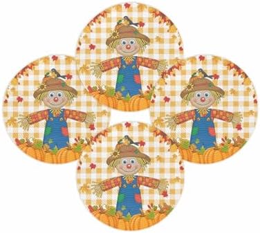 Fall Round Placemats Set of 4 Thanksgiving Scarecrows Crow Pumpkin Place Mats Woven Placemat Maple Leaf Orange Buffalo Plaid Circle Braided Table Mat for Kitchen Holiday Party Fall Decor 15 Inch