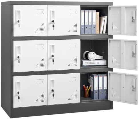 VEVOR 9 Doors Metal Locker Lockable Steel Storage Cabinet 66 lbs Load Gray