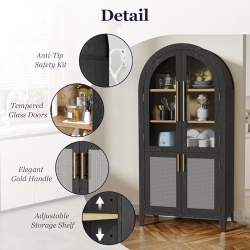 63" Tall Arched Cabinet with Glass Doors, Kitchen Pantry Storage Cabinet with Dust-Proof Rattan, 5-Tier Curio China Cabinet with Adjustable Shelves for Living Room Dining Room, Black