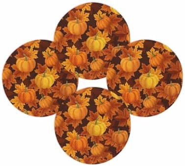 Fall Round Placemats Set of 4 Thanksgiving Orange Harvest Pumpkin Place Mats Washable Woven Placemat Autumn Maple Leaf Circle Braided Table Mat for Kitchen Dining Holiday Party Fall Decor 15 Inch