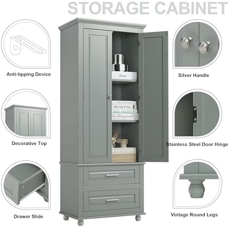 Merax 62.5" Pantry Cabinet with Two Doors & Two Drawers, Adjustable Shelves Storage Cupboard for Kitchen/Dining Room/Bathroom, Gray