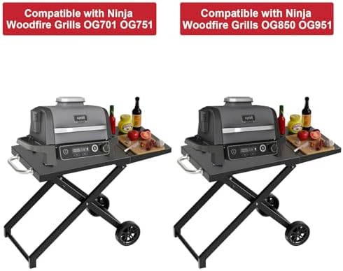 Grill Stand for Ninja Woodfire Outdoor OG700 OG800 Series, Portable Folding Grill Table Cart for Ninja Woodfire OG701 OG850 OG951 and OO101 Pizza Oven with Side Table