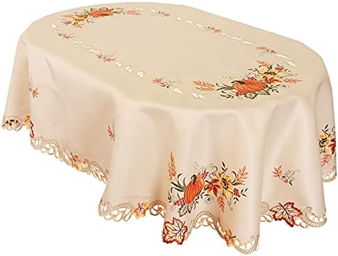 Simhomsen Large Embroidered Oval Fall Autumn Harvest Pumpkins Tablecloth for Thanksgiving (Oval 57×118 inches)