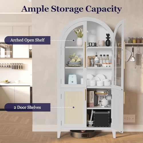 63" Tall Arched Cabinet with Glass Doors, Kitchen Pantry Storage Cabinet with Dust-Proof Rattan, 5-Tier Curio China Cabinet with Adjustable Shelves for Living Room Dining Room, White
