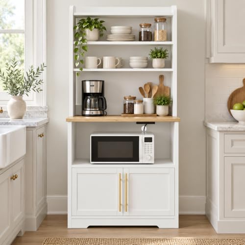 IDEALHOUSE Bakers Rack with Storage Cabinet, Microwave Stand with Power Outlets, Farmhouse Kitchen Pantry with Thick Table Top, Small Kitchen Bakers Rack for Kitchen,Dining Room,White & Peer Wood