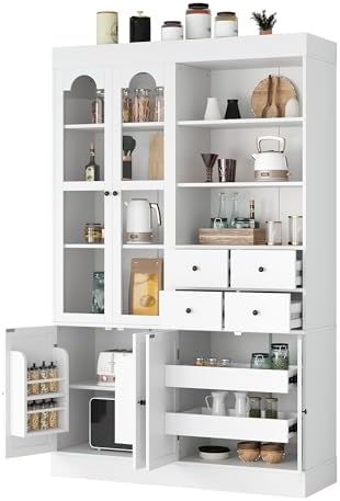 Merax Wood Kitchen Pantry with 4 Drawers, 3 Cabinets and Hutch, Tall Cupboard Dining Storage Cabinet with Door Shelves and Pull-Out Trays for Living Room, Kitchen, Dining Room White