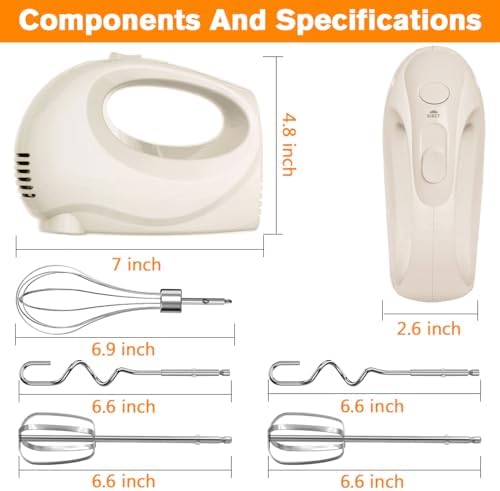 Showvigor Electric Hand Mixer with 5 Stainless Steel Whisks,5 Speed,Ivory