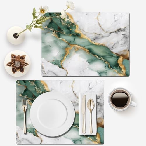 Mcalk Green Marble Table Runner and Placemats Set of 6, Marble Print Placemats, Modern Cloth Place Mats Indoor for Kitchen,Washable Linen Material for Dining Table