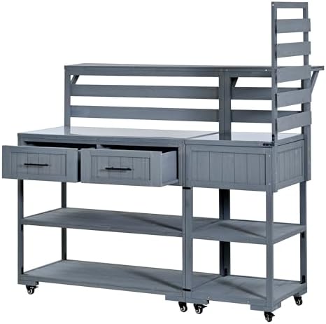 Merax 62.3'' Outdoor Mobile Kitchen Island on Wheels with Stainless Table Top, Outdoor Prep Cart Grill Table with Raised Shelf and Drawers for BBQ, Party, Gray