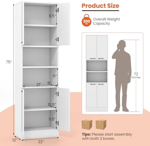 GIANTEX Kitchen Pantry Cabinet, 75” Tall Freestanding Cupboard with Doors & Shelves, Safety Hinges & Anti-Tipping Devices, Storage Sideboard for Dining Room, Living Room (White)