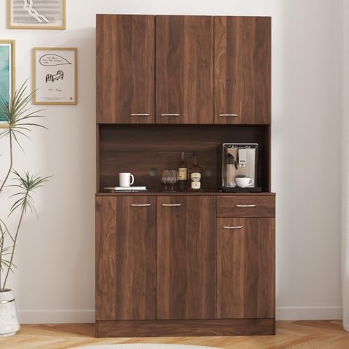 KEIKI 70.87" Tall Kitchen Pantry Storage Cabinet with Countertop, 6-Doors, 1 Drawers, Microwave Stand and Shelves, Freestanding Wood Hutch Food Pantries Cupboard for Coffee Bar, Dining Room
