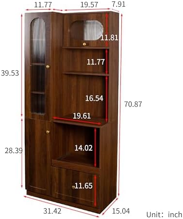 KEIKI 70.87" H Tall Kitchen Pantry Storage Cabinet with Countertop, Glass Doors, Drawers, Microwave Stand & Pull-Out Shelf, Freestanding Wood Hutch Food Pantries Cupboard for Coffee Bar, Dining Room