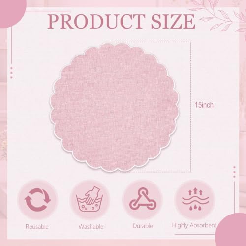 Set of 12 Pink Cotton Placemats 15" Round Scalloped White