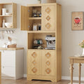 Garvee 72" Tall Pantry Cabinet, Kitchen Hutch Storage Cabinet with Countertop for Microwave, Freestanding Wooden Cupboard with Carved Door & Crystal Handle, for Dining Room, Living Room, Light Oak