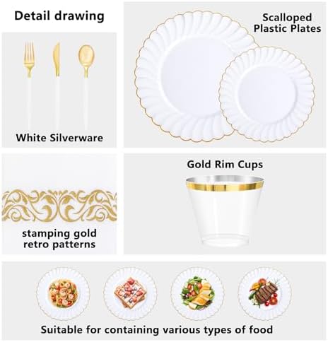 Ciaell 175 Piece White and Gold Plastic Plates for Weddings Parties