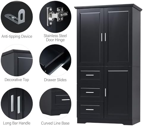 Merax 62.2" Pantry Cabinet with Three Doors & Three Drawers, Adjustable Shelves Storage Cupboard for Kitchen/Dining Room/Bathroom, Black