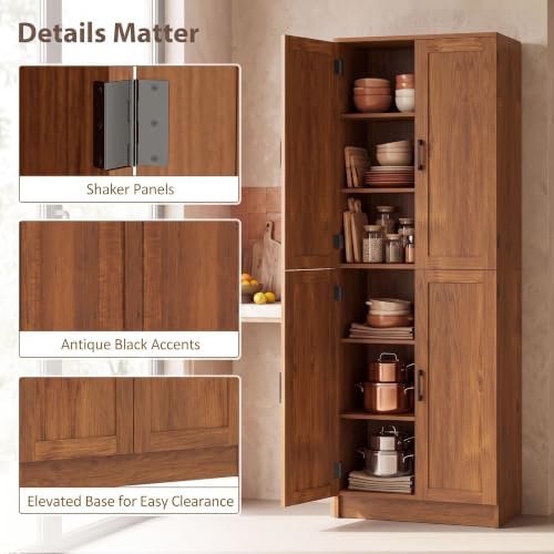 HOMCOM 67" Freestanding Kitchen Pantry 4-Door Cabinet Distressed Teak