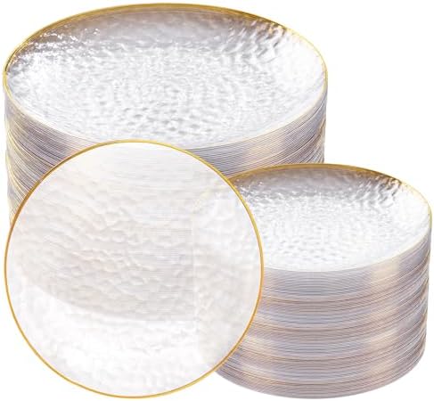 Rubtlamp 100Pcs Clear Gold Plastic Plates, Disposable Plates With Gold Rim, Heavy-duty Party Platos, Hammered Plastic Plates Include 50 Clear Dessert Plates, 50 Dinner Plates for Party