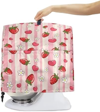 Cute Strawberry and Flower Stand Mixer Covers Compatible with 4.5-5 Quarts Kitchen Aid Stand Mixer Dust Protector Cover Organizers with Handle Pocket Pink