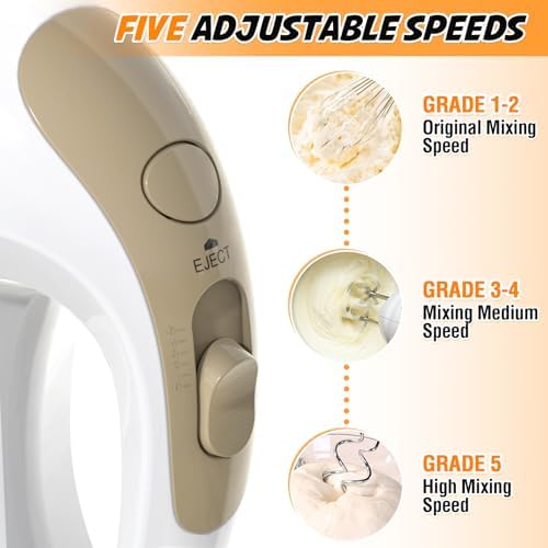 Showvigor Electric Hand Mixer with 5 Stainless Steel Whisks,5 Speed, White