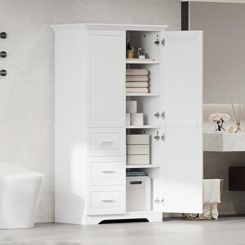 Merax 62.2" Pantry Cabinet with Three Doors & Three Drawers, Adjustable Shelves Storage Cupboard for Kitchen/Dining Room/Bathroom, White