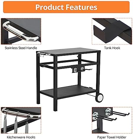 Dining Cart,Outdoor Grill Cart with Double-Shelf,with 4 Hooks, Side Handle,Wheels,Cooking Table for Outdoors, Kitchen or Backyard Patio, Movable BBQ Trolley,Multifunctional and Commercial (Black)