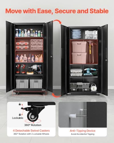 VEVOR Metal Storage Cabinet 72.6 in Rolling Steel Garage Cabinet Black