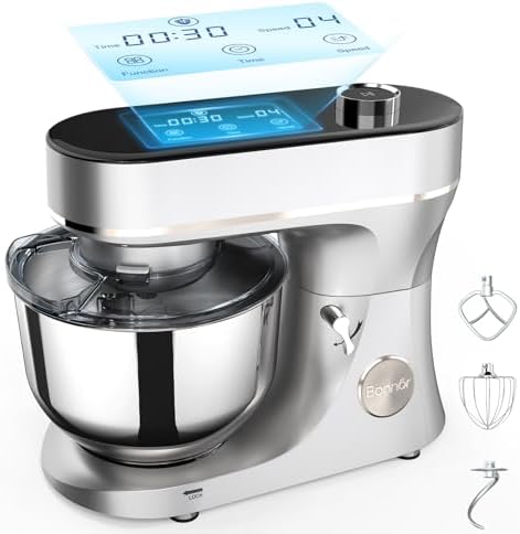 Stand Mixer 6QT Kitchen Mixer with LED Smart Touchscreen, 11-Speed Tilt-Head Mixer with Timer, 4 Preset Menus, Stainless Steel Bowl, Dough Hook, Whisk, Beater (Sliver, 6Qt)