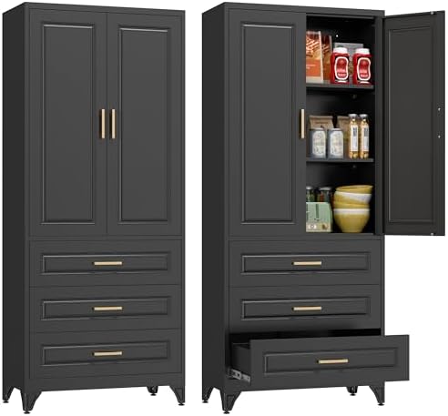 Polup 75" Metal Storage Cabinet, Kitchen Pantry Cabinet with 3 Drawers