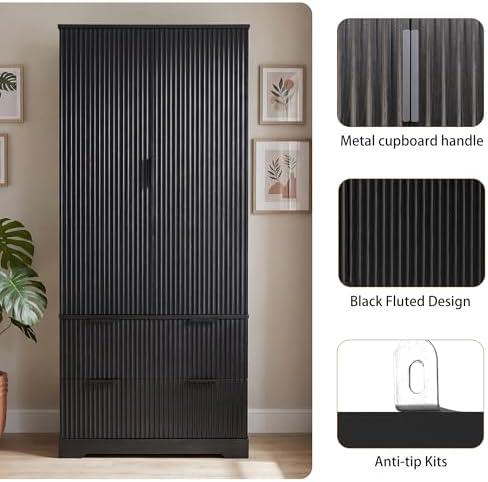 KEIKI 72" Fluted Kitchen Pantry Cabinet with 2 Drawers & 8 Door Spice Racks, Tall Freestanding Storage Cabinet with Adjustable Shelf for Kitchen, Dining Room, Bathroom, Black