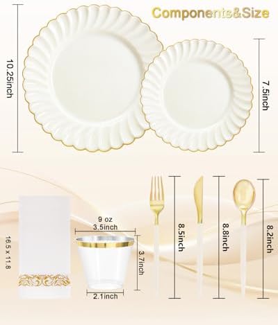 Ciaell 175 Piece Ivory and Gold Plastic Plates for Weddings Parties